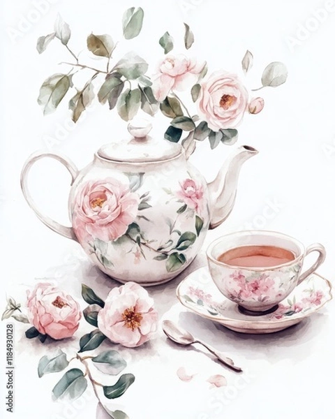 Fototapeta Elegant floral teapot and cup set with pink roses, creating a serene and inviting tea time mood.
