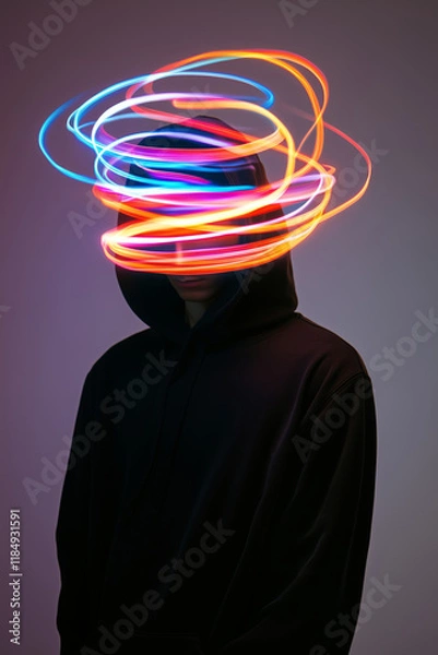 Fototapeta Abstract portrait of a hooded figure with multicolored neon light trails swirling around the head, conceptual art style. Futuristic concept of info technology and Ai systems