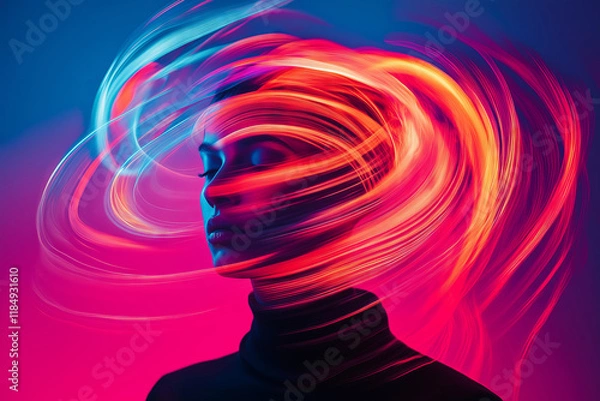 Fototapeta Abstract portrait of a woman figure with multicolored neon light trails swirling around the head, conceptual art style. Futuristic concept of info technology and Ai systems, cyber safety