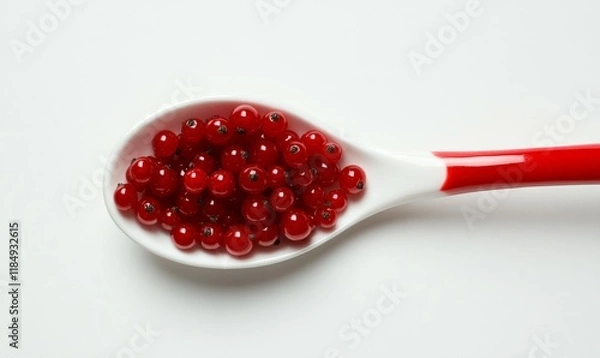 Fototapeta Spoonful of red berries is displayed on a white background. The spoon is white and red, and the berries are small and round