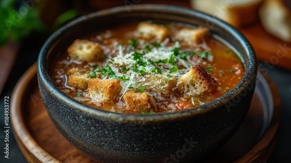 Fototapeta A rustic bowl of tomato soup served with a side of crispy croutons and a sprinkle of Parmesan cheese.