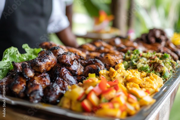 Obraz Grilled jerk chicken with fresh tropical salads on a buffet table, catering concept 