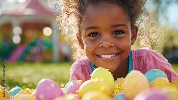 Fototapeta A little girl laying in a pile of colorful easter eggs