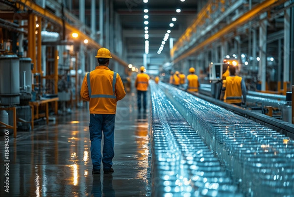 Fototapeta A team of workers testing newly installed equipment in a clean, brightly lit factory space. bright lighting, contrast