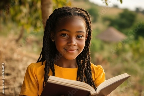 Obraz Young African girl reading a book outdoors wearing a yellow shirt