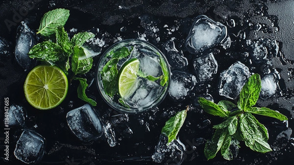 Obraz Refreshing mojito cocktail with lime and mint leaves. Summer drink with ice and alcohol isolated on black background and photographed from above. 