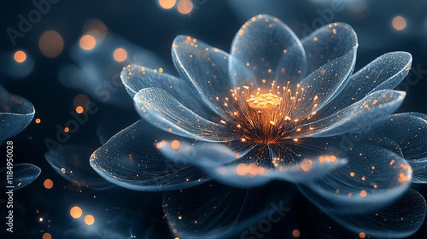 Fototapeta Glowing ethereal flower with sparkling particles radiating elegance and mystery blurred caption space on the side representing life energy growth and the delicate balance of nature

