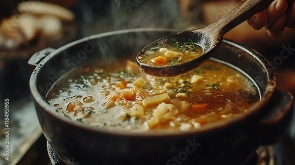 Obraz Ladle lifting a hearty portion of soup from a pot into a rustic bowl