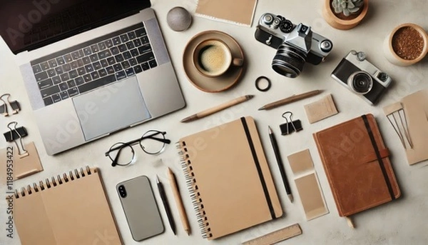 Fototapeta A flat lay of office desk essentials, including a laptop, coffee, and notebooks, with neutral tones