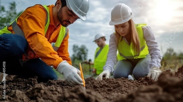 Fototapeta Engineers testing soil samples for mineral content during a site assessment