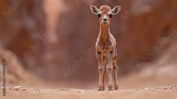 Fototapeta A baby camel standing in the middle of a desert