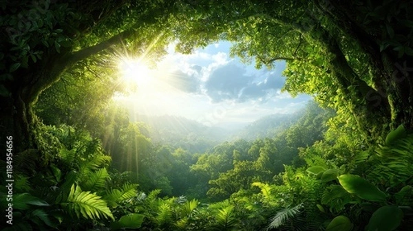 Obraz A view of the sun shining through the trees in a lush green forest