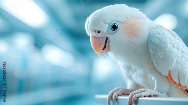 Fototapeta An adorable white bird displays a charming expression, blending seamlessly into the bright laboratory atmosphere, symbolizing affection, joy, and the beauty of nature's creatures.