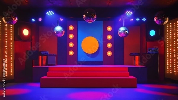 Obraz A stage with a retro 70s theme featuring bold colors and disco ball lighting 