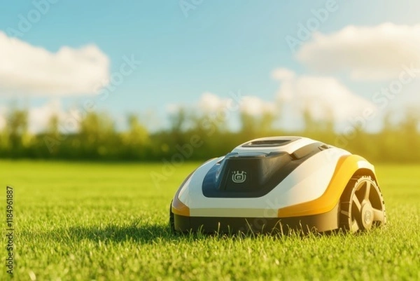 Fototapeta Autonomous robotic lawnmower trimming emerald grass, navigating backyard landscape with precision, sunlight highlighting sleek design against blurred verdant backdrop