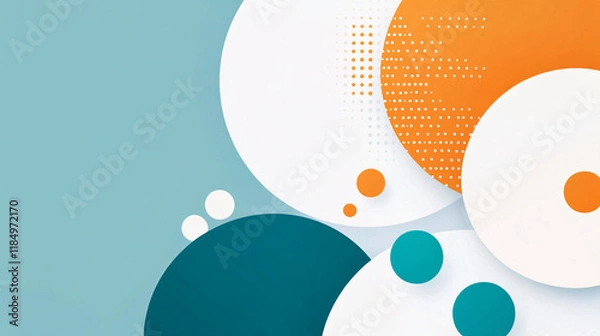 Obraz modern geometric abstract background with large and small overlapping circles in teal orange and white on a textured blue backdrop  

