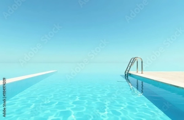 Fototapeta Empty swimming pool with clear water and ladder against blue sky background, creating a serene summer vibe