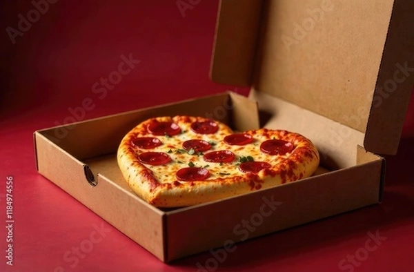 Fototapeta Heart-shaped pizza in a delivery box with pepperoni and cheese on a red background