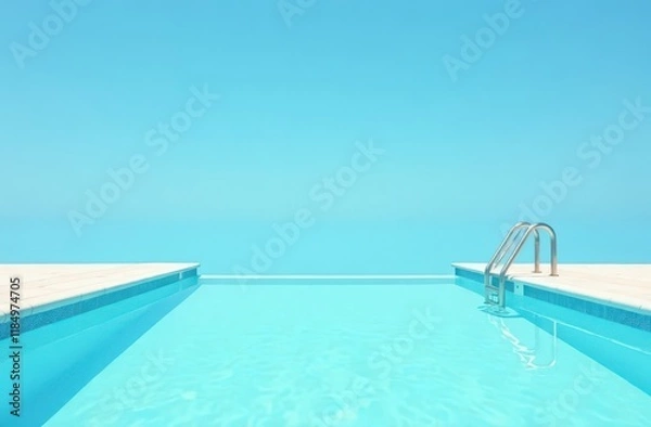 Fototapeta Empty swimming pool with clear water and ladder against blue sky background, creating a serene summer vibe
