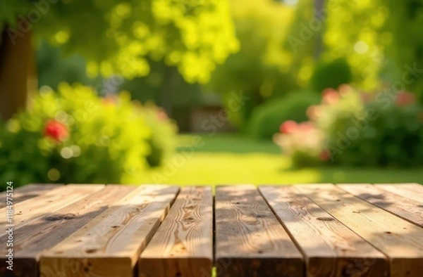 Fototapeta Summer time party in backyard with empty wooden table and blurred background
