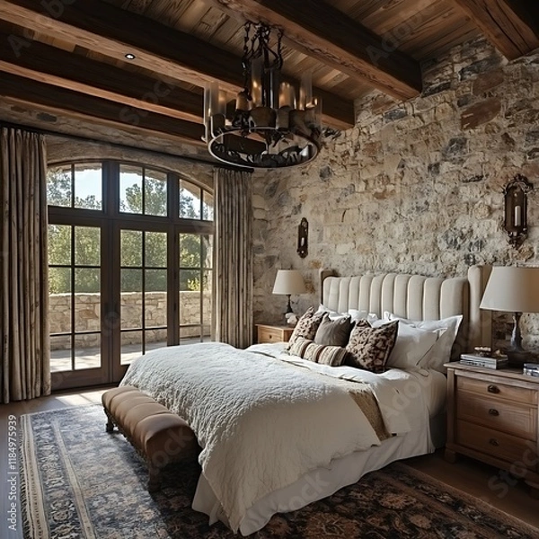 Fototapeta Plush headboard design complemented by vibrant pillows in luxurious bedroom decor