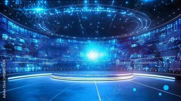 Fototapeta A stage with a high-tech futuristic design featuring a 360-degree projection screen 