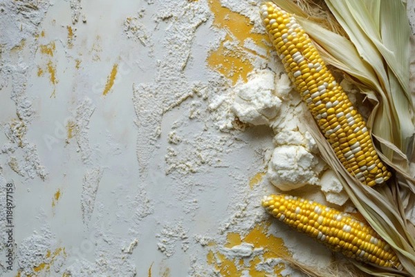 Obraz Fresh cornstarch scattered on a textured surface alongside vibrant yellow corn cobs and husks