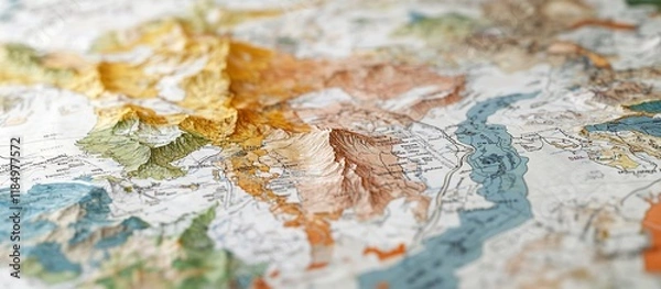 Fototapeta Close-up of a textured relief map showing mountains, valleys, and rivers in various colors.