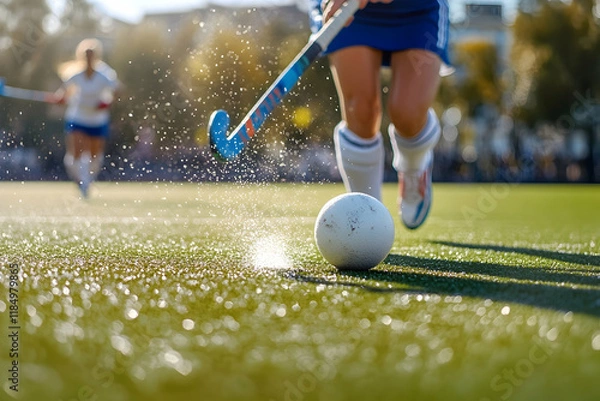 Obraz Intense field hockey action focusing on a player and the hockey ball during a competitive match