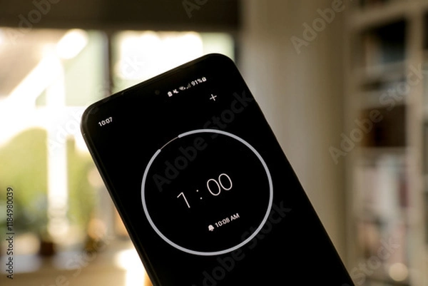 Fototapeta A phone with a black and white 1-minute timer to study with the pomodoro method on a blurry background