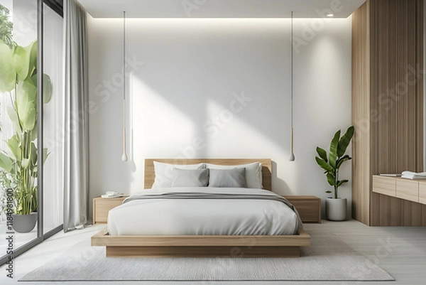 Fototapeta Modern bedroom featuring a wooden bed frame and elegant minimalist wall design in soft white tones