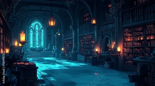 Obraz A dimly lit grand library with towering bookshelves and candles