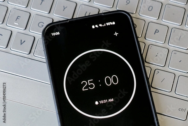 Fototapeta A phone with a black and white 25-minute timer to study with pomodoro method on laptop keyboard, study business background