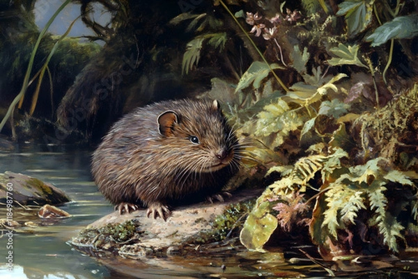 Obraz Water vole on a riverbank nibbling on fresh water plants