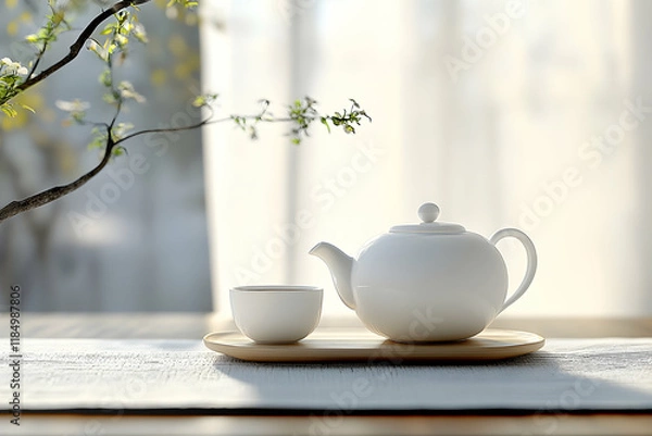 Obraz White teapot and matching cup on a wooden table in a tranquil tea-time setting