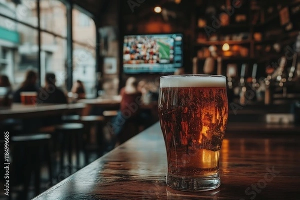 Fototapeta Enjoying craft beer at a lively pub with sports on display during the evening hours