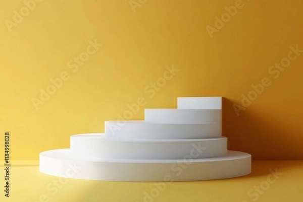 Fototapeta White round display stand on yellow background creating a minimalist scene