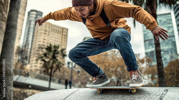 Fototapeta Young man performing parkour trick with skateboard in urban environment