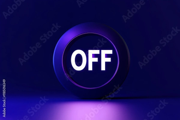 Fototapeta  Bold "OFF" text illuminated as if emerging from a dark blue background, creating a modern and impactful visual perfect for technology, power, or minimalistic design themes