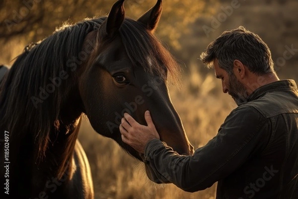Fototapeta A man lovingly strokes a horse's face, displaying tenderness and connection. The serene ambiance of nature enhances this heartfelt interaction during golden hour