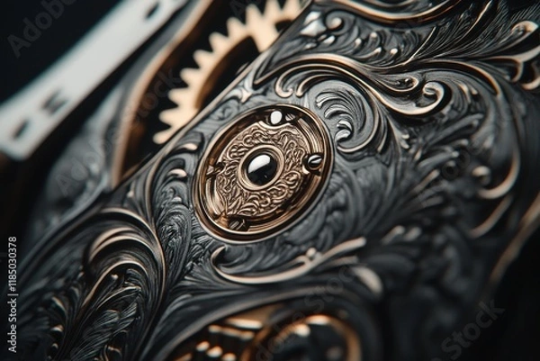 Fototapeta Close-up of intricately designed metallic surface with gold and black detailing.