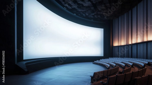 Fototapeta IMAX Theater Interior with a Giant Curved White Screen and Tiered Seating, Concept of Immersive Cinema and Advanced Technology