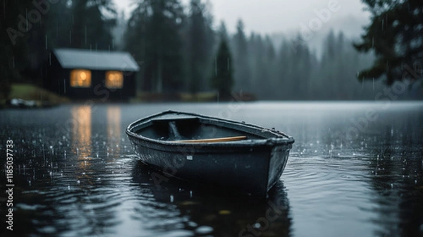Fototapeta Calm lake with a small boat and a cozy cabin illuminated by warm light during a rainy evening