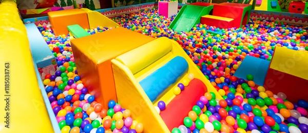 Fototapeta A colorful ball pit with soft play structures in a vibrant indoor playground.