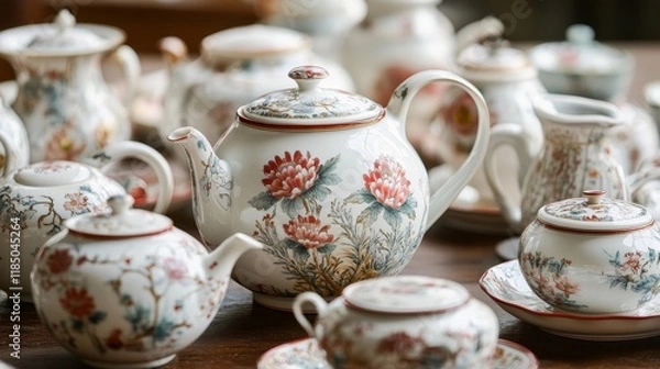 Fototapeta Elegant vintage tea set displayed on a wooden table with intricate floral designs and fine porcelain craftsmanship