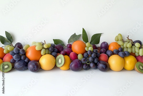 Fototapeta A vibrant arrangement of fresh fruits including plums, oranges, grapes, and kiwis, displayed in a colorful and inviting layout