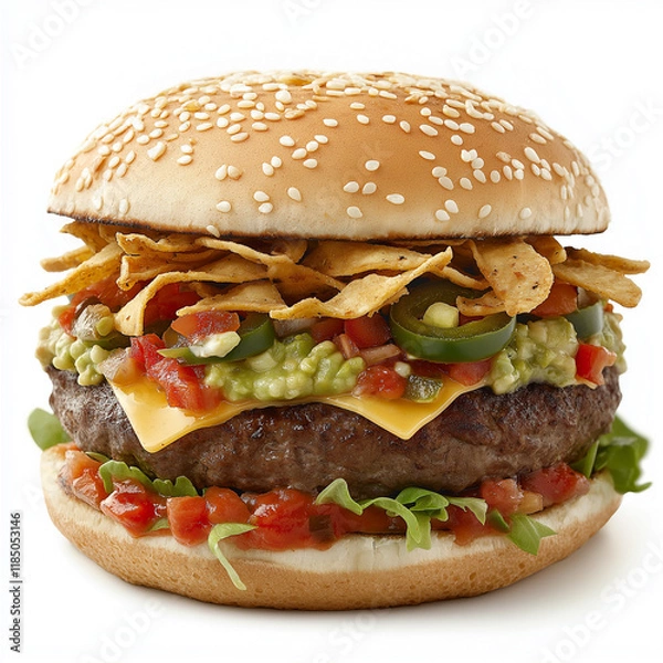 Fototapeta A loaded Tex-Mex burger with a beef patty, pepper jack cheese, guacamole, salsa, and jalapeños