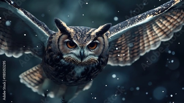 Fototapeta A large owl is flying through the air with snowflakes falling around it