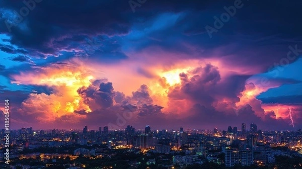 Fototapeta Dramatic city skyline at twilight with vibrant storm clouds and lightning.