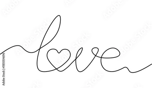 Obraz Continuous one line drawing of word love with heart. One line inscription word love isolated on white background. Black and white graphic vector minimalist illustration of love concept.
